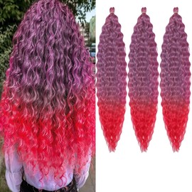 30 inch Ocean Wave Crochet Hair Ombre Red Deep Wave Curly Braiding Hair Extensions 3 packs Long Wavy Water Wave Braid For Women Synthetic Crochet Braids(30 inch, Ombre Red)