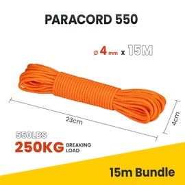 BROTREE Paracord 550 4mm 15M 100% Nylon Rope 7 Strands Type III Parachute Cord for Survival, Outdoor and DIY - 250kg Breaking Load (Orange)