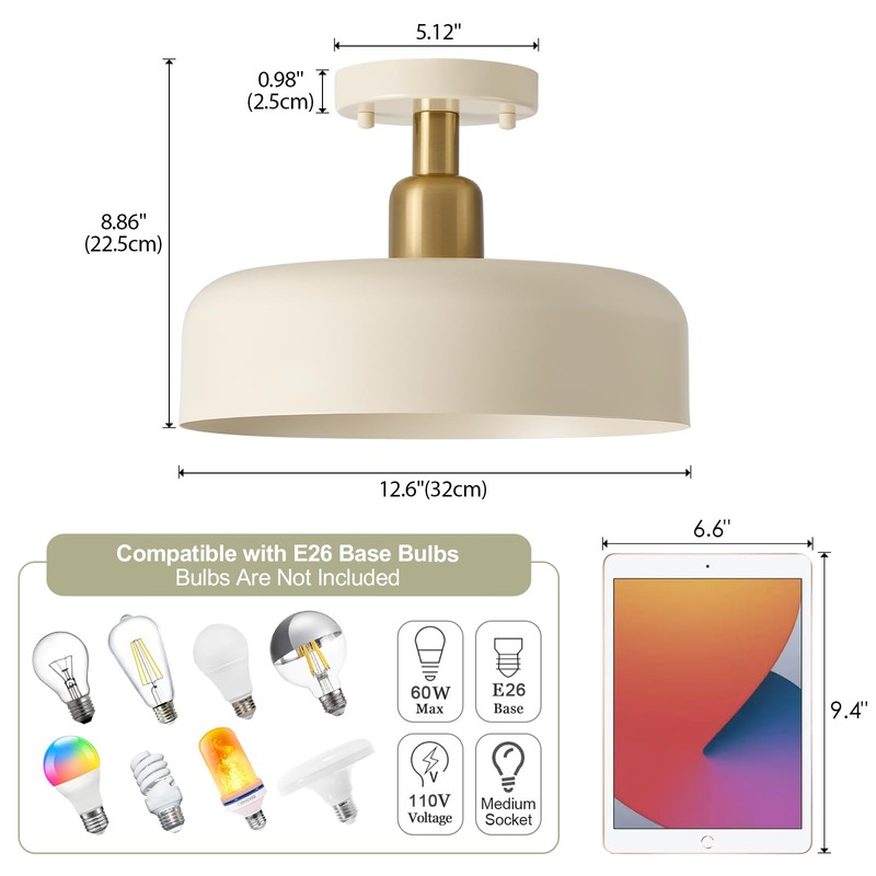 BISAMIYA Modern Semi Flush Mount Ceiling Light Fixture, Brass Accent