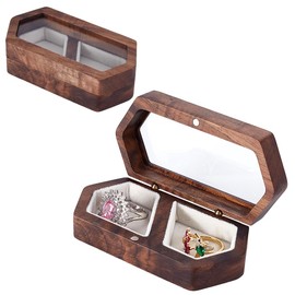 HOBBIESAY 1Pcs Wooden Ring Box Double Ring Display Cases with Beige Velvet Inside Velvet Lined Jewelry Boxes Hexagon 2-Slot Ring Storage Boxes with Transparent Lid for Engagement Wedding Gift