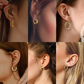 Juego de aretes de aro de oro para mujer, 6 pares de aretes de oro grueso chapados en oro de 14 quilates, ligeros, pequeños y gruesos, hipoalergénicos, de giro abierto, joyería de moda, regalos,