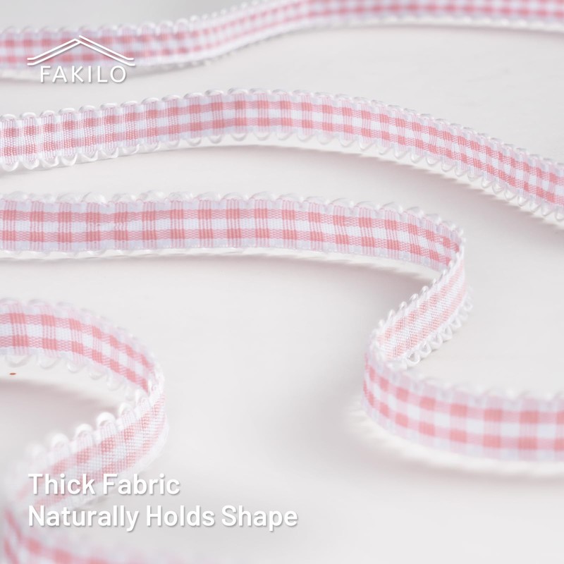 FAKILO Pink Gingham Ribbon 3/8", 25 Yards Pink and White
