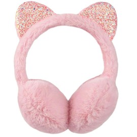 Girl Winter Ear Muffs Cute Cat Ear Furry Plush Earmuff Bling Sequin Ear Warmers Women Adjustable Outdoor Earmuff (pink)