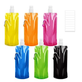 SANOU Foldable Water Bottle Reusable Water Bag with Carabiner Hook 480 ml Flexible Foldable Drinking Bottles for Hiking Adventure Travel (6 Pieces)