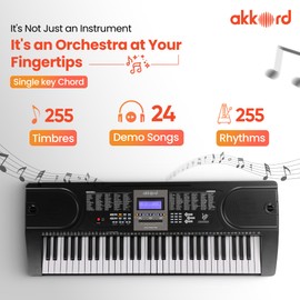 Akkord AKD 61KB 61-Key Octave Electronic Keyboard with adapter- LED Display | Mic |Music Sheet Stand | 255 Rhythms | 255 Timbres | 24 Demos