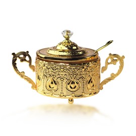 Flylin Sugar Bowl, Turkish Sugar Bowl with Lid and Spoon for Candy Cookie Honey, Golden Vintage Glass Seasoning Jar for Home and Kitchen Coffee Bar (6)