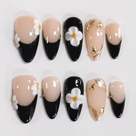 Handmade Press on Nails Almond Medium 3D Floral French Tip Thick Acrylic Fake Nails False Nails with White Flower Gold Curve Line Designs Black Sturdy Nail Art Press on Nails 10Pcs(M)