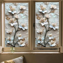 BlissYard Stained Glass Magnolia Flower Window Film Floral Window Privacy Film Glass Privacy Decals Living Room Sun Blocking Decor Removable Static Cling Stickers 17.71x39.97 inch