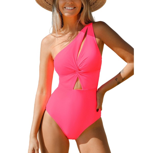 CUPSHE Women's One Piece Bathing Suit One Shoulder Twist Cutout Back Tie Asymmetrical Swimsuit, Neon Pink, Small