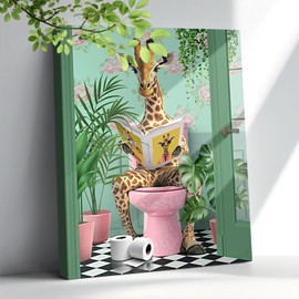 Giraffe Bathroom Wall Art Green Bathroom Decor Wall Art Funny Animal Reading On The Pink Toilet Canvas Prints Framed Artwork Giraffe Pictures Wall Decor For Bathrooms 12"X16"
