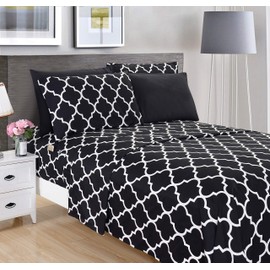 Elegant Comfort 6-Piece Quatrefoil Printed Deep Pocket Bed Sheet Set, Luxurious Silky 1500 Thread Count Bed Sheet Set Ultra Soft Wrinkle Resistant Bedding Set, King, Black