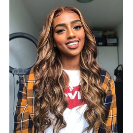 Derun Highlight P4/27 Colored Ombre Body Wave Wigs 13×4 Lace Front Wig Human Hair Honey Blonde Wigs Remy Hair for Black Women (#4/27-BW-13X4 Lace, 20 inch, Body Wave)