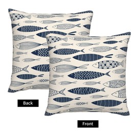 HATHAETY Ornamental Fish Throw Pillow Covers Watercolor Blue Fish Square Pillow Cases 18x18 Inch Set of 2 Cute Sea Sketch Outdoor Decorative Pillowcase Cushion Cover for Couch Sofa