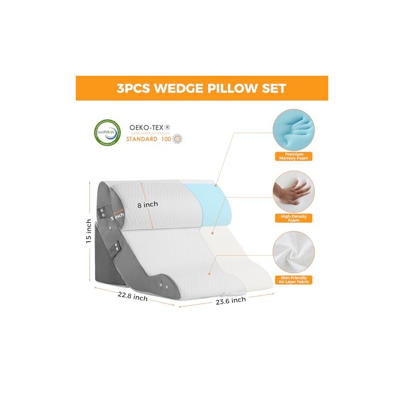 Ruqmuis 3PCS Wedge Pillow Set for After Surgery, Adjustable Back