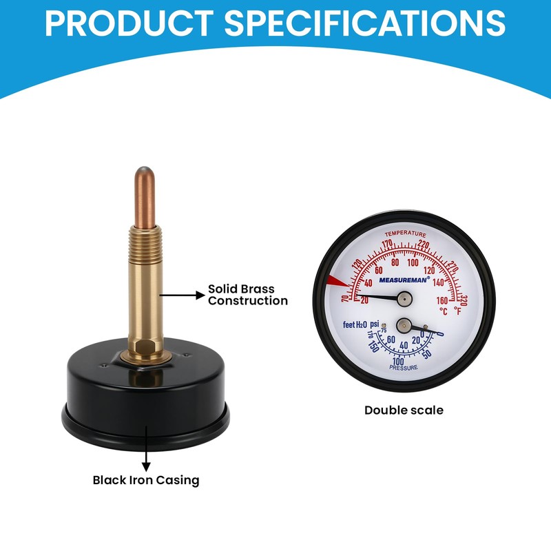MEASUREMAN Commercial Tridicator, 2.5" Dial, 1/4" NPT Back Mount, Dual