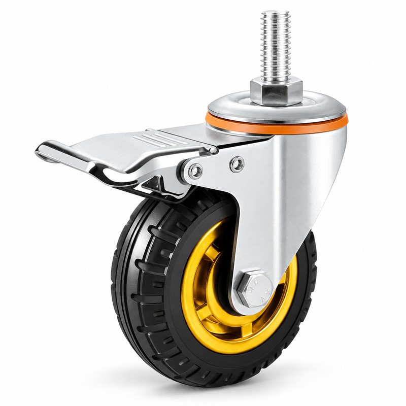 4 Inch Rubber Swivel Caster with Brake, M12 x 30
