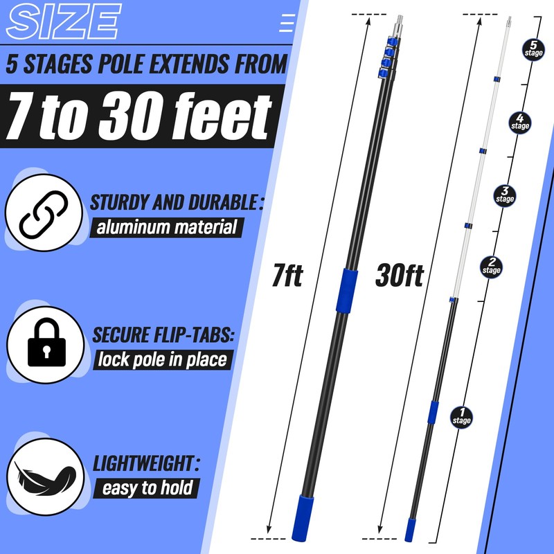 7-30 Ft Telescopic Extension Pole with Hook for Xmas Lights,