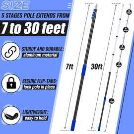 7-30 Ft Telescopic Extension Pole with Hook for Xmas Lights, Blue