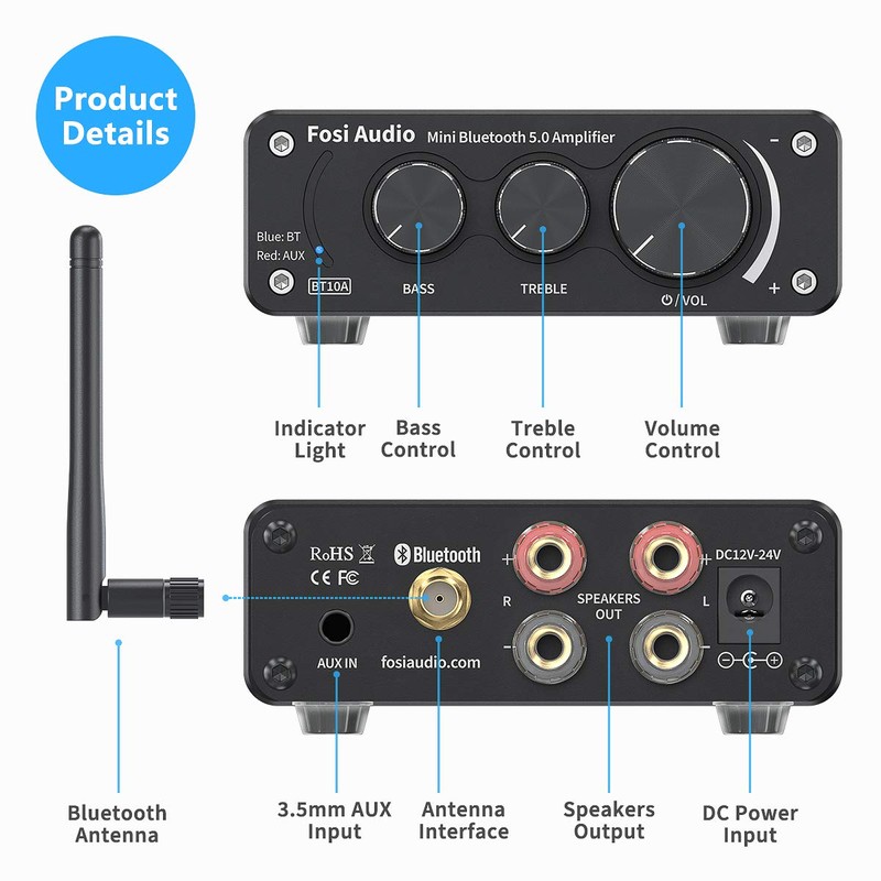Fosi Audio BT10A Bluetooth 5.0 Stereo Audio Amplifier Receiver 2