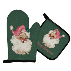 Mingnei Christmas Santa Xmas Oven Mitts and Pot Holders Sets, Merry Christmas Pink Santa Heat Resistant Hot Pads Kitchen Decor for Cooking Baking BBQ Grilling, Christmas Oven Glove Set Kitchen Gifts
