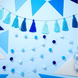 Irenare 9.8 ft Pom Pom Garland Felt Colorful Tassel Banner Christmas Party Pompoms Garland Decorations Felt Pennant Banner for Classroom Home Mantel Fireplace Birthday(Blue)