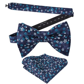 Alizeal Mens Pre-tied Floral Bow Tie Wedding Party Luxury Pocket Square Set, Navy+Teal