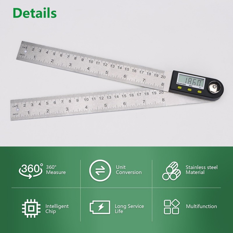 Wengart Digital Angle Finder Ruler,8 Inch / 200 mm,360° Measuring