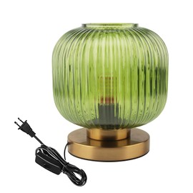 Auwieou Green Glass Table lamp mid Century Modern Table lamp Ribbed Glass Shade Gold Desk lamp nightstand lamp Small Table lamp for Bedside Bedroom Living Room Office
