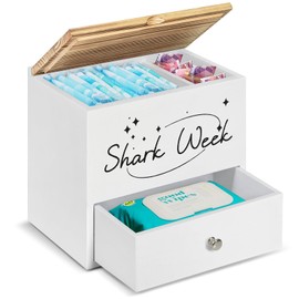 Tampon Holder for Bathroom Decor and Storage, Wood Feminine Product Organizer with Drawer Lid, Shark Week Bathroom Organizer, Pad and Tampon Organizer for Bathroom Accessories, Cotton Ball/Swab Holder