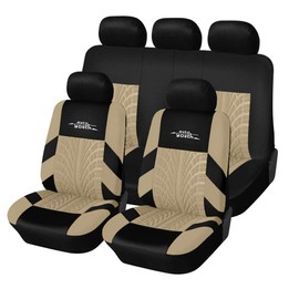 AUTOYOUTH Beige Car Seat Covers Full Set, 3D Tyre Embossed Front Bucket & Split Rear Bench Covers, Airbag Compatible, Quick Setup Universal Fit for Car, SUV, Seat Protectors (9pcs)