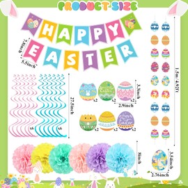 33PCS Easter Decorations Set, Happy Easter Banner, Pom Poms, Egg Hanging Swirls, Vertical String Easter Garland, Pastel Easter Decorations for Home Office Classroom Spring Party Supplies