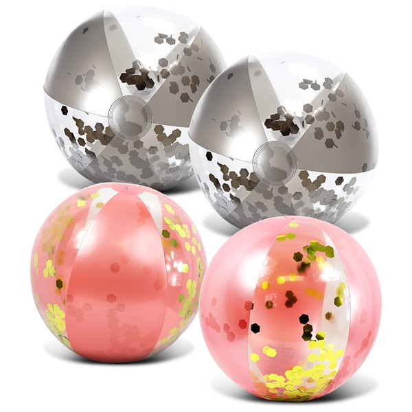 Mozlly Bundle of Silver & Rose Gold Inflatable Beach Balls Set of 4 - Heavy Duty Confetti Pool Balls, Size 16 Inch, Fun Water Pool Float Toys for Beach, Lake, Party - 4 Pack
