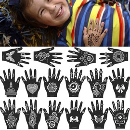 XMASIR 16 Sheets Temporary Tattoo Henna Stencils for Children, Flower Butterfly Tattoo Stencils Set for Fingers Body Hand