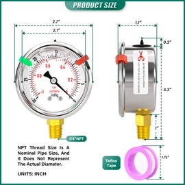 BOGERDACK -30inHG-0psi Stainless Steel Glycerin Liquid Filled Vacuum Pressure Gauge 1/4" NPT 2.5" Face Dial Center Lower Mount, for Water, Oil and Air Pressure Testing (with Range Mark Pointer)