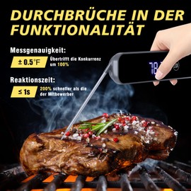 Homtronics Fleischthermometer, Grillthermometer Digital, IPX6 Wasserfest Küchenthermometer,1s sofortiges Bratenthermomete, Faltbar Lange Sonde für Grill, Küche, kochen, BBQ, Braten, Ofen