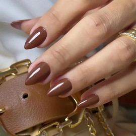 Light Brown Press on Nails Short Almond Shaped, SXVME 30 Pcs Thick Short Fake Nails Press ons Natural Acrylic False Nails Custom Solid Color Glue on Nails Medium Natural Fit Stick on Nails For Women