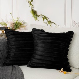 YOUR SMILE Set of 2 Decorative Throw Pillow Covers Soft Cozy Velvet Striped Pillowcase Faux Rabbit Fur Modern Neutral Decor for Couch Sofa Bed Chair Home,18X18-inch, Black