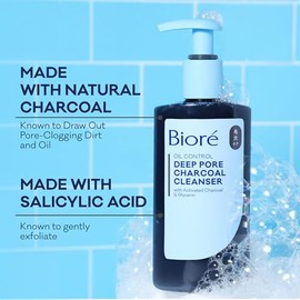 Biore Deep Pore Charcoal Face Wash, limpiador facial diario para eliminación de suciedad y maquillaje, para piel grasa, 6.77 onzas
