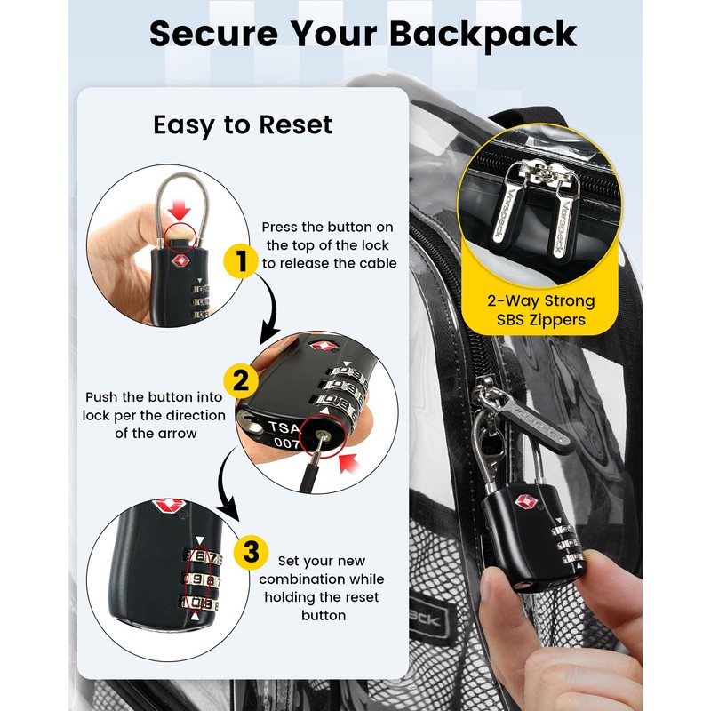 Vorspack Clear Backpack with TSA Lock, Large Clear Bookbag, Black