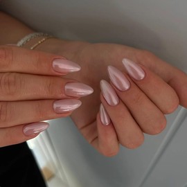 KQueenest Chrome Light Pink Press on Nails Almond Medium, Almond False Nails with Glue, Glazed Spakly Glitter Fake Nails Press ons Stiletto, Reusable Soft Gel Stick on Nail for Women Wedding, 24 Pcs