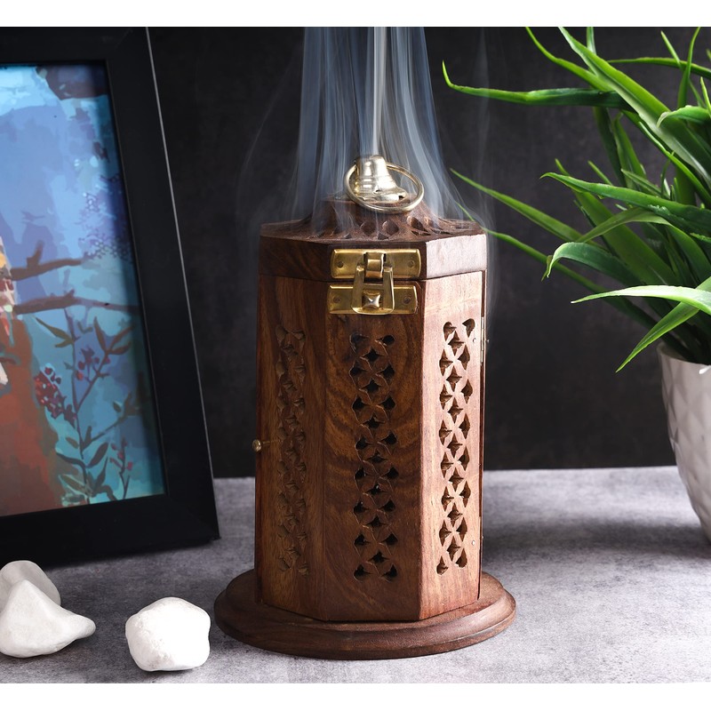Bless-International Traditional-Handmade-Burner Wooden-Incense-Stick-Holder Ash-Catcher-Stand for-Aromatherapy-Meditation-Yoga (7 Inch Letter Box Wooden