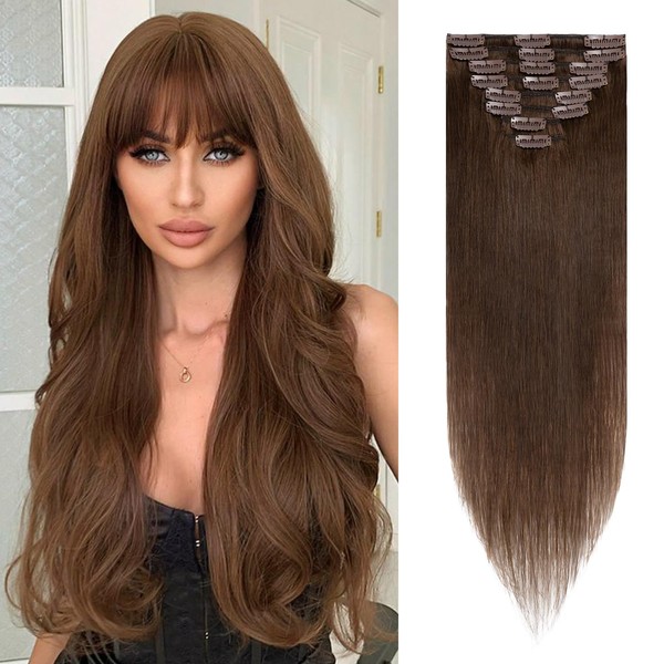 S-noilite Clip-In Real Hair Extensions Medium Brown Hair Clip-In Extensions