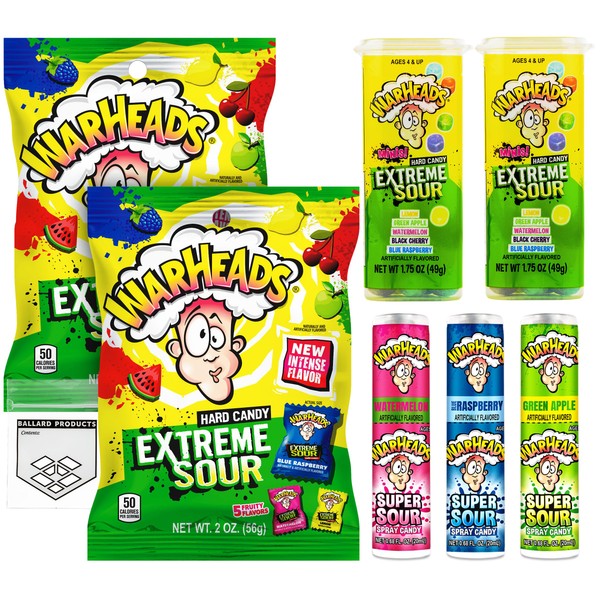 Warheads Extreme Sour Candy Variety Pack of 7 Candies - 3 Flavors of Warheads Sour Hard Candy - Bulk Sour Candy Mix - Most Sour Candy in The World - Bundle with Ballard Products Pocket Bag