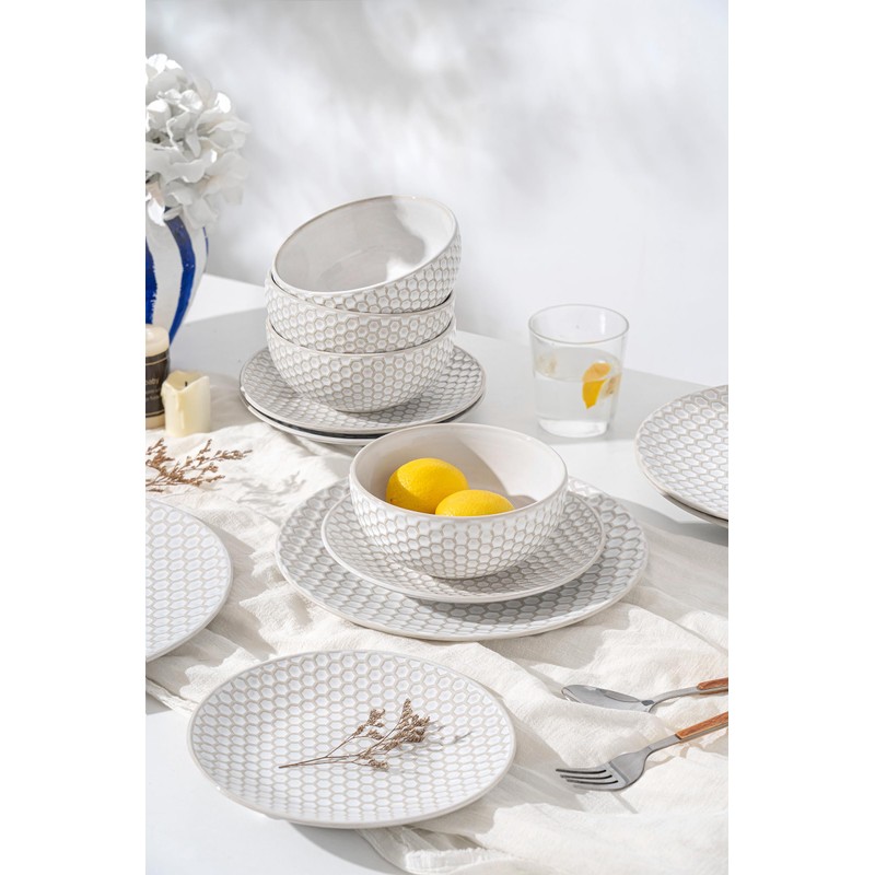 FOBENTA Ceramic Dinner Plates Set of 4,Lena Porcelain Dinner Plates,Embossment