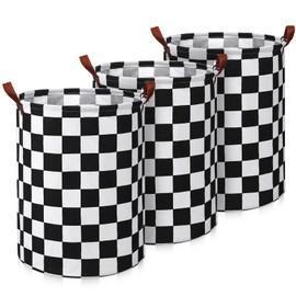 CroBlissful 3 Pcs Foldable Laundry Basket Large Collapsible Storage Hamper with Handle Canvas Clothes Bin Storage Basket for Bathroom, Nursery, Dorm(Checkered)