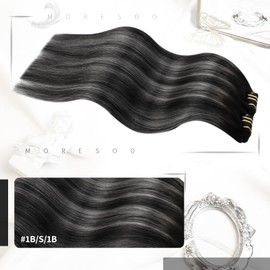 Moresoo Clip-In Real Hair Extensions, Grey Hair Extensions, Real Hair, Ombre, Double Wefts, Invisible Clip-In Extensions, Black Mix, Silver Grey, 7 Pieces, 80g, 35 cm