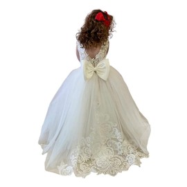 Lace Tulle Applique Open Back Elegant Bridesmaid Flower Girls Dresses First Communion Baptism Dress with Embroidery Formal Dress for Kids Prom Dresses Daddy Daughter Dance Dress,Ivory 6