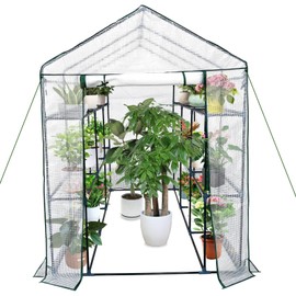 56"x85"x76" Walk-in Greenhouse for Outdoors, Green House Kit with Mesh Windows, UV-Resistant PE Cover, 3-Tier 8 Shelves for Seedling Flowers Growing, White