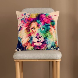KUNQIAN Lion Cushion Cover Colorful Ornament Lion Animal Pillow Cover Decor for Home Livingroom Couch Bed Sofa Decorate Throw Pillow Case Lion Gift 18"x18"