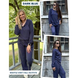 Ekouaer Waffle Knit Pajamas for Women Set Long Sleeve Pants Pj Henley Tops Lounge Sets Comfy Sleepwear with Pockets Navy Blue L